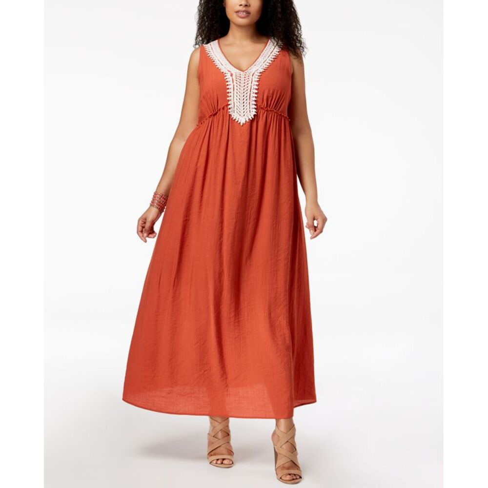 NY Collection Plus Petite Plus Size Crochet Trim Crinkle Maxi Dress